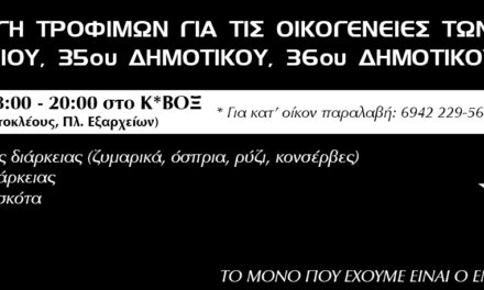 Συλλογή τροφίμων για τις οικογένειες των 95ου Νηπιαγωγείου, 35ου Δημοτικού, 36oυ Δημοτικού Αθηνών